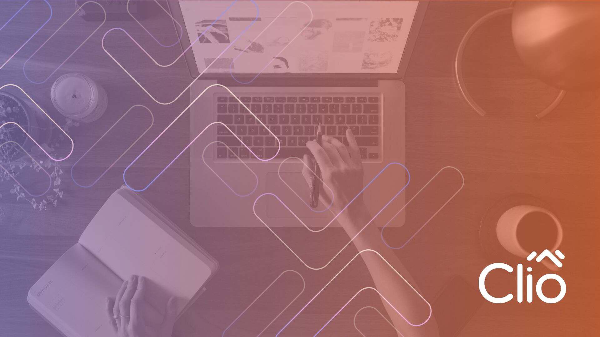 A person types on a laptop with one hand and writes in a notebook with the other, inspired by The 9 Strongest Ecommerce SEO Tips for 2026. Geometric patterns overlay the scene, with the Clio logo in the bottom right corner. - Clio Websites | Top Canadian Web Design Company