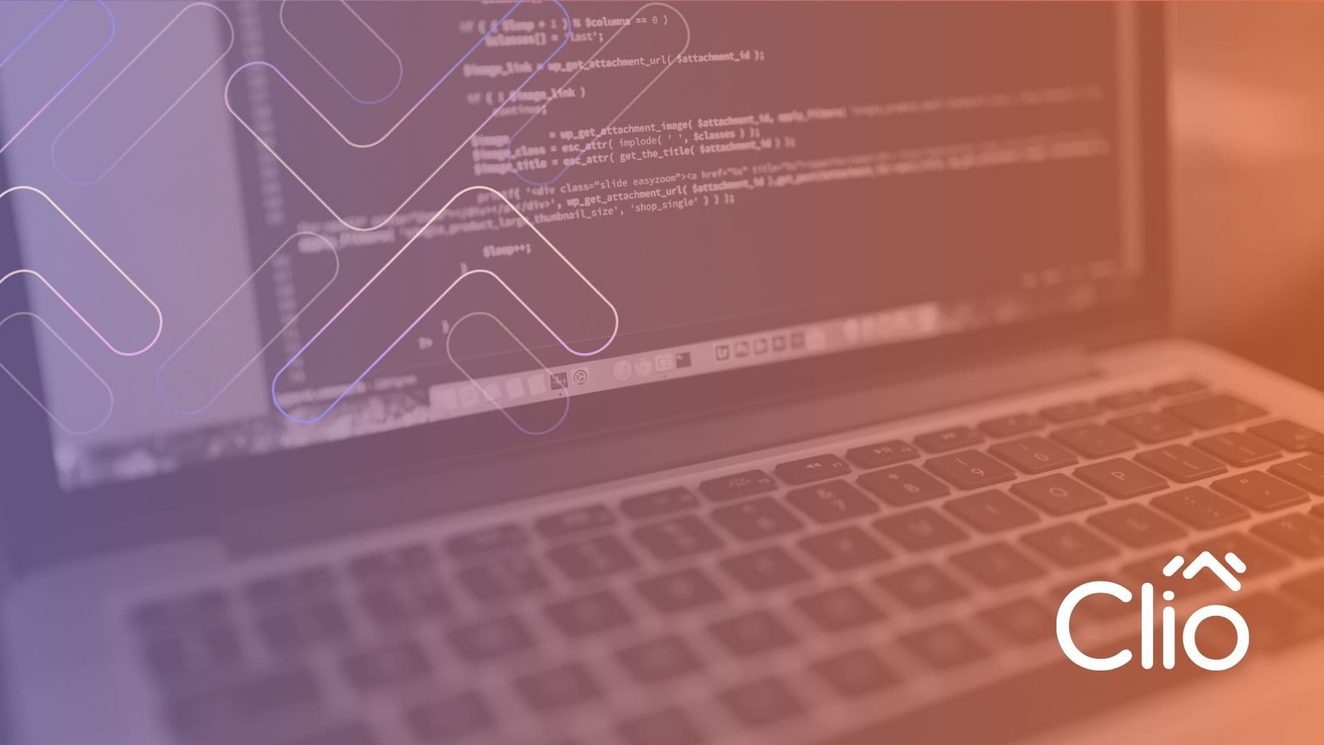 A close-up of a laptop keyboard and screen displaying lines of code related to SEO plugins for WordPress, overlaid with abstract patterns and the Clio logo in the bottom right corner. The image has a warm, gradient filter. - Clio Websites | Top Canadian Web Design Company