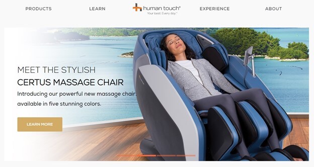 A woman relaxes in a blue massage chair by a window with a scenic view of trees and water, showing how stunning visuals can increase your website conversion rate using images. Text highlights the Certus Massage Chair by Human Touch, available in five colors. - Clio Websites | Top Canadian Web Design Company