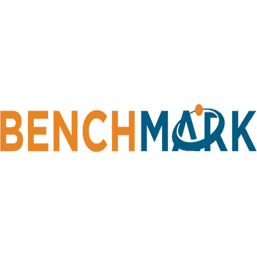 The image displays the word "BENCHMARK" in bold letters, with "BENCH" in orange and "MARK" in dark blue. The stylized letter "A," adorned with a triangle, evokes a graph—perfectly aligning with its use in an SEO-focused section or testimonials. - Clio Websites | Top Canadian Web Design Company