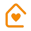 An orange icon of a house with an open outline features a centrally positioned heart, evoking home and warmth. Perfect for the testimonials section, it symbolizes heartfelt customer feedback and reviews that highlight a cozy, inviting experience. - Clio Websites | Top Canadian Web Design Company