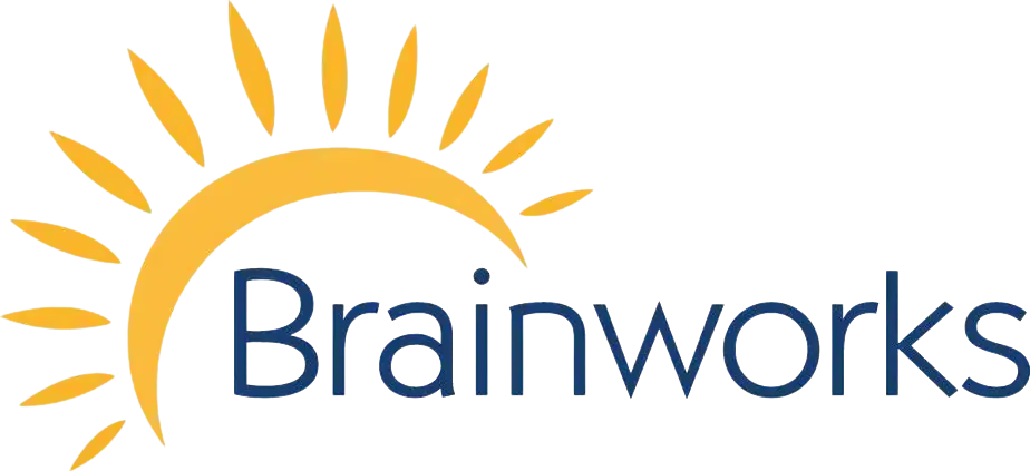 A yellow stylized sun rises over the blue word "Brainworks" in a modern, clean font, perfect for a medical website design. - Clio Websites | Top Canadian Web Design Company