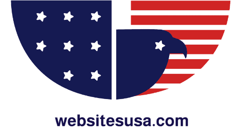 A stylized eagle logo with a blue left side featuring white stars and a red-striped right side, resembling the American flag, highlights our expertise in SaaS website design. The text "websitesusa.com" appears below. - Clio Websites | Top Canadian Web Design Company