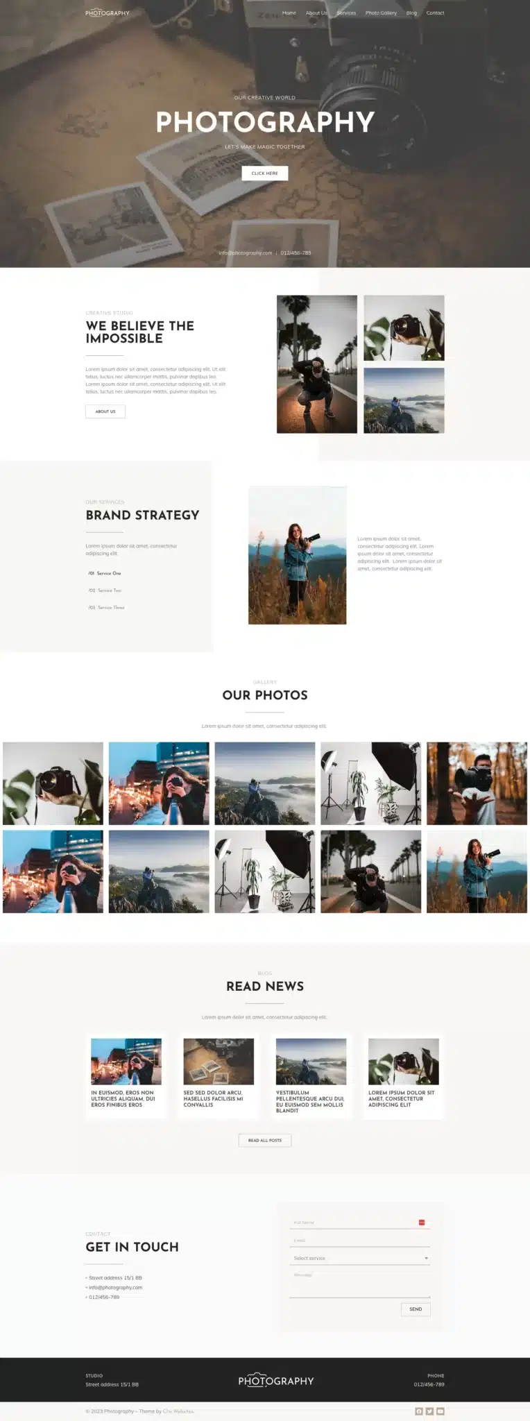 This photography website boasts a clean theme, featuring a header with a camera image, sections on brand strategy, and a photo gallery showcasing diverse nature and portrait photos. It also includes a news section and a contact form at the bottom for seamless user interaction. - Clio Websites | Top Canadian Web Design Company