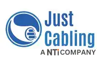 Logo for "Just Cabling" featuring a blue circular graphic resembling a hand gripping cables, ideal for a saas website design, with the text "Just Cabling" in blue to the right of the image on a white background. - Clio Websites | Top Canadian Web Design Company