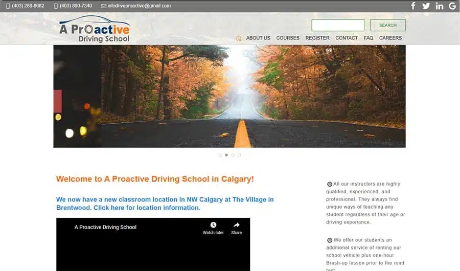Screenshot of A Proactive Driving School website. It features an autumn road image at the top, contact information, menu links, and a welcome message highlighting their new classroom location in NW Calgary. Discover how we improved SEO results for A Proactive Driving School with enhanced web visibility. - Clio Websites | Top Canadian Web Design Company