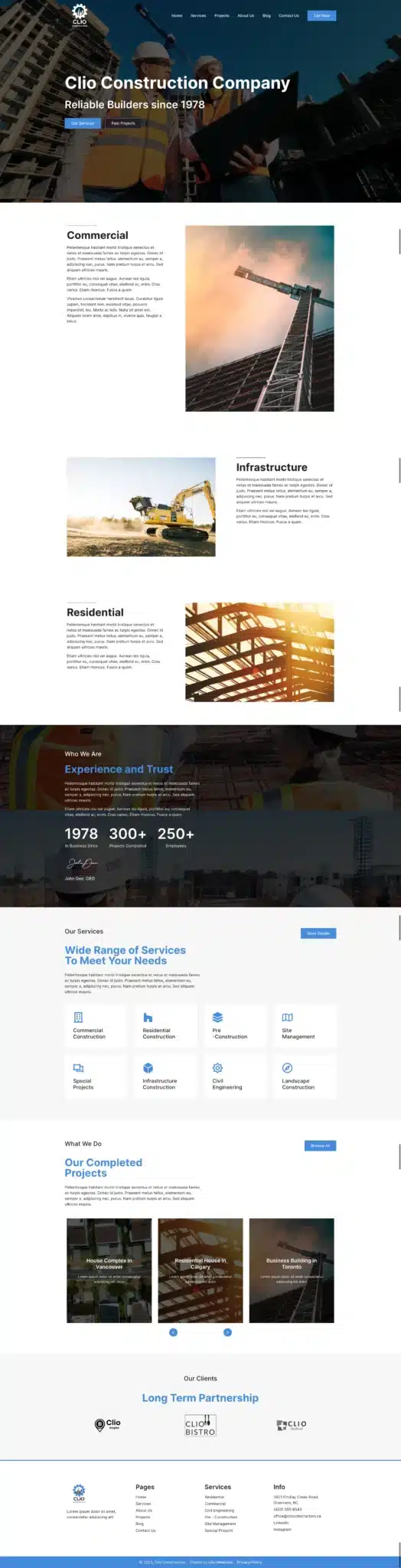 Screenshot of a construction company's webpage themed around their construction services, including commercial, residential, and infrastructure projects. Features images of a crane, construction workers, and building frameworks, showcasing experience and expertise since 1978. - Clio Websites | Top Canadian Web Design Company