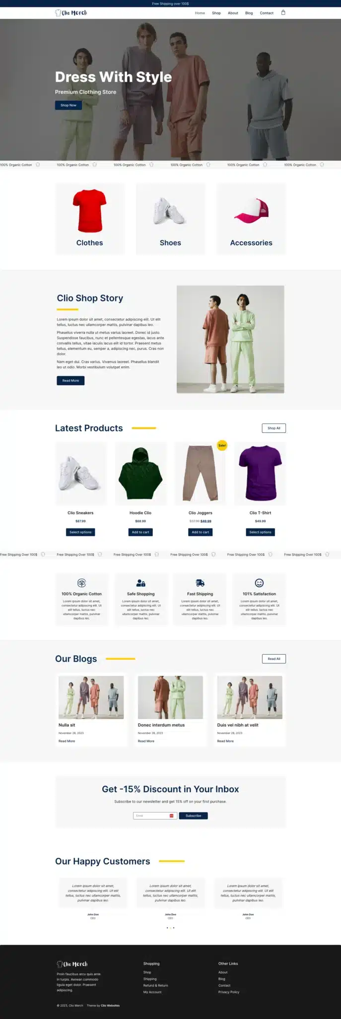A clothing store website, crafted with an Elementor Theme, showcases outfits under "Dress With Style." Explore clothes, shoes, and accessories. Discover the shop story, latest products, captivating blog posts, newsletter sign-up options, and authentic customer testimonials. - Clio Websites | Top Canadian Web Design Company