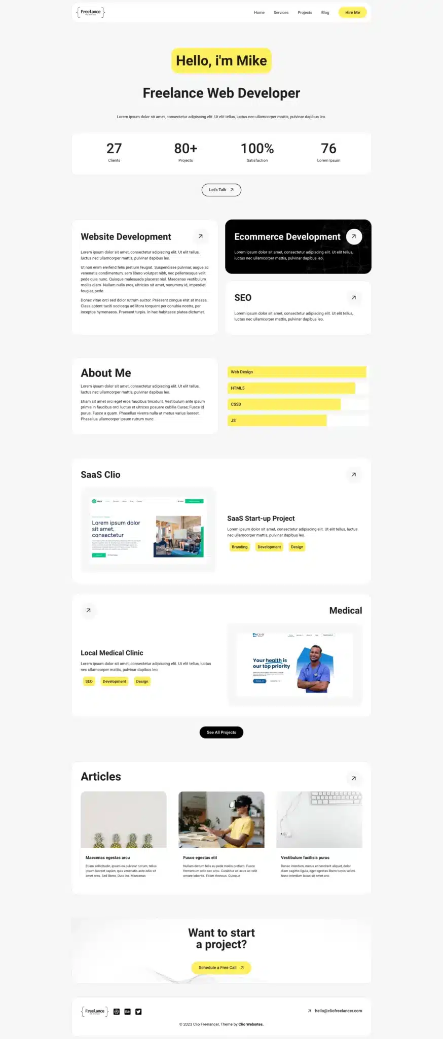 A theme-centric webpage showcasing a freelance web developer's portfolio. It highlights services such as web and ecommerce development, SEO, and SaaS projects. Explore testimonials, images of past work, and find a contact invitation at the bottom. - Clio Websites | Top Canadian Web Design Company