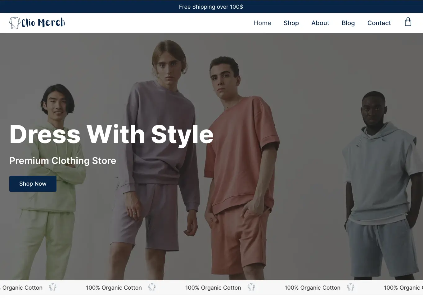 Four models display casual outfits in pastel tones, standing in a row on the Clio Merch website, styled with an elegant Elementor theme. This premium clothing store offers free shipping on orders over $100, with various navigation options clearly visible at the top. - Clio Websites | Top Canadian Web Design Company