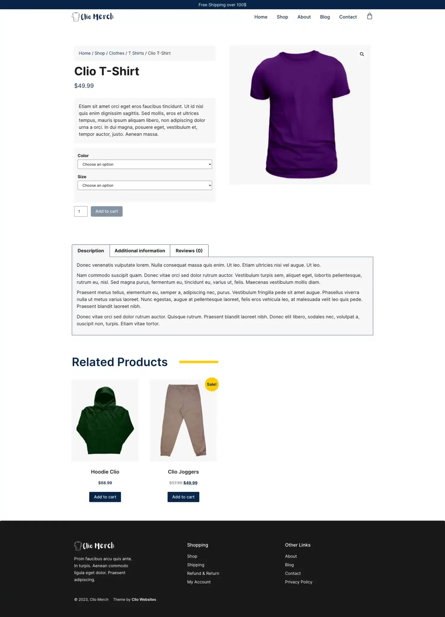 Screenshot of a shop product page featuring a Clio T-shirt priced at $49.99. The shirt is displayed in purple, with options to select size and quantity. Related products shown include a green hoodie and beige joggers. Navigate easily with the visible Elementor Theme navigation bar at the top. - Clio Websites | Top Canadian Web Design Company