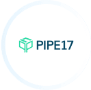 A logo features a green, geometric box icon alongside the text "PIPE17" in blue, set against a white circular background, reminiscent of minimalist design found on modern Clio websites. - Clio Websites | Top Canadian Web Design Company