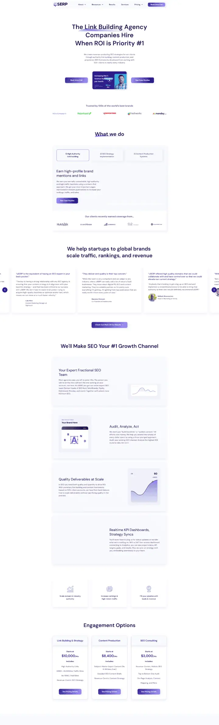 Screenshot of a webpage for a link-building agency. It features sections on services, client logos, testimonials, and engagement options. There's a central emphasis on ROI-focused strategies and SEO as a growth channel, with charts and package details displayed. - Clio Websites | Top Canadian Web Design Company