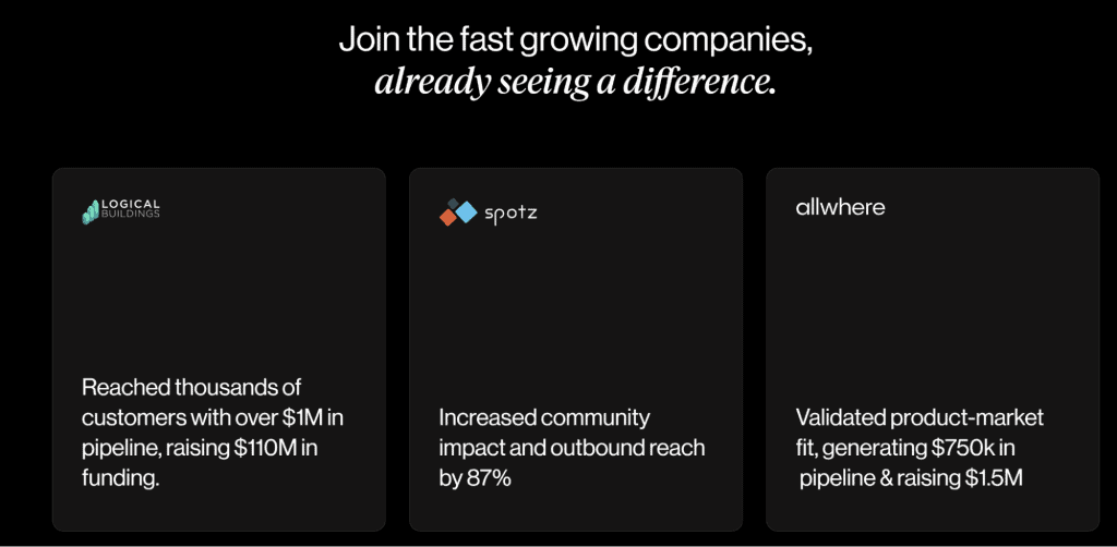 An image with a black background features three text boxes showcasing inspiring examples of business achievements: raising $110M for Logical Buildings, increasing reach by 87% for Spotz, and raising $1.5M for Allwhere. A header reads "Join the fast-growing companies. - Clio Websites | Top Canadian Web Design Company
