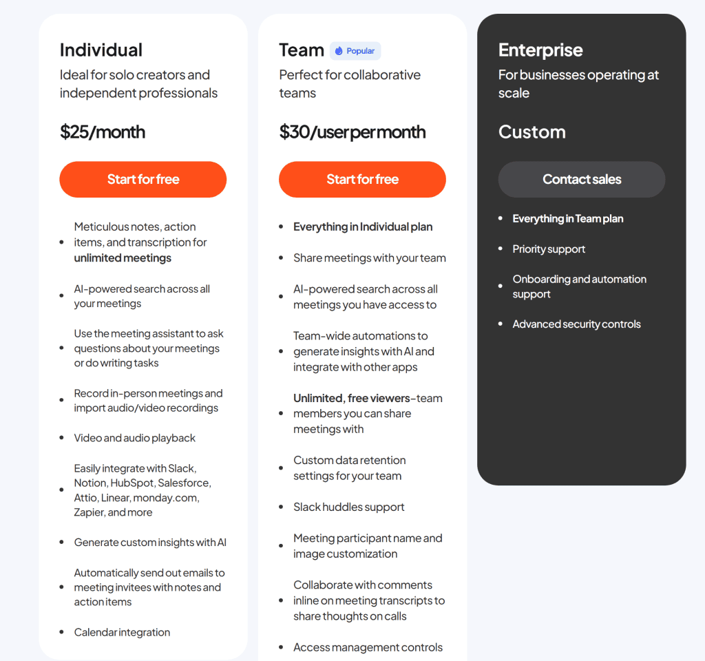 Explore our collaboration platform's pricing plans—Individual ($25/month), Team ($30/user/month), and Enterprise (Custom pricing). Each plan offers a range of features like meeting recording, AI tools, integrations, and security options, serving as inspiration for SaaS websites. - Clio Websites | Top Canadian Web Design Company