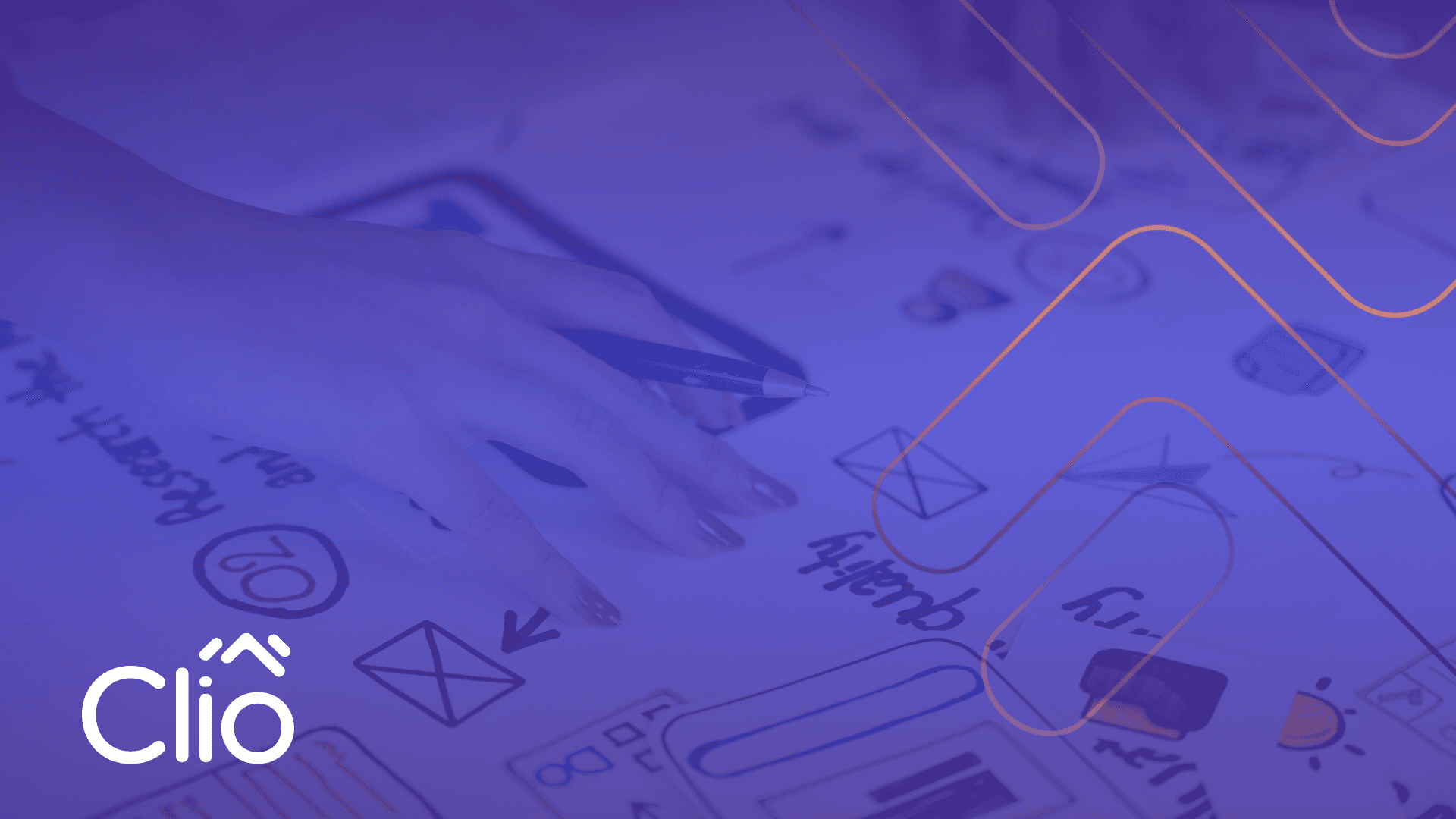 A hand holding a pen points to sketches and notes on a paper, featuring diagrams, checkboxes, and arrows. The Clio logo appears in the bottom left corner, with blue and orange graphic overlays, illustrating UX tips from a founder's guide. - Clio Websites | Top Canadian Web Design Company
