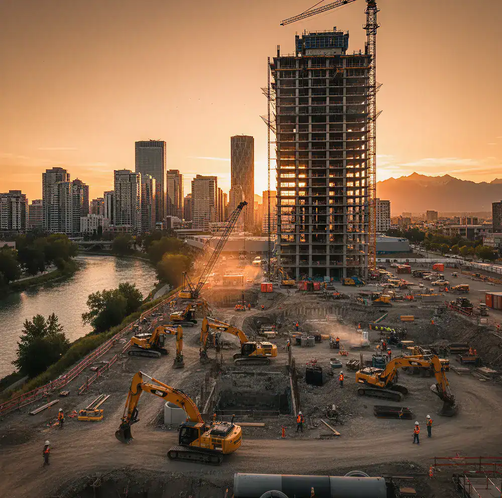 A construction site at sunset with several excavators, workers, and a tall partially-built building. The city skyline and river appear in the background under a warm orange sky—perfect inspiration for oil & gas web design visuals. - Clio Websites | Top Canadian Web Design Company