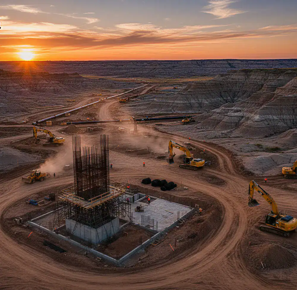 A construction site at sunset with multiple excavators working around a reinforced concrete structure in a barren, rocky landscape—ideal imagery for oil & gas web design. Dirt roads, materials, hills, and open land complete the scene. - Clio Websites | Top Canadian Web Design Company