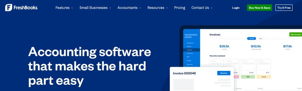 Screenshot of the FreshBooks website homepage showing the tagline "Accounting software that makes the hard part easy" beside an invoice dashboard illustration, highlighting fresh UX design with navigation links and sign-up buttons at the top—a true founder's guide for SaaS revenue. - Clio Websites | Top Canadian Web Design Company