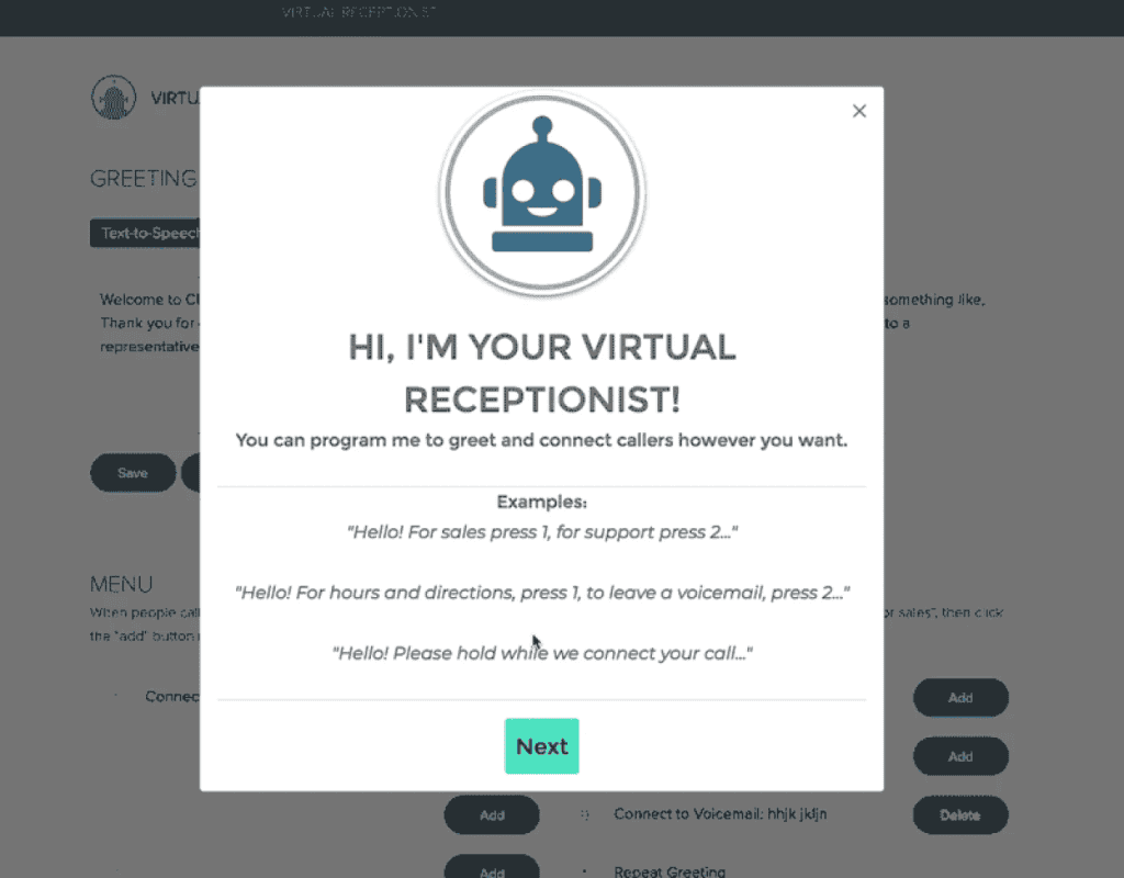 A pop-up window with a robot icon and the text “Hi, I’m your virtual receptionist!” displays example phone greetings and a green “Next” button at the bottom, offering a polished UX. The background shows a blurred interface. - Clio Websites | Top Canadian Web Design Company