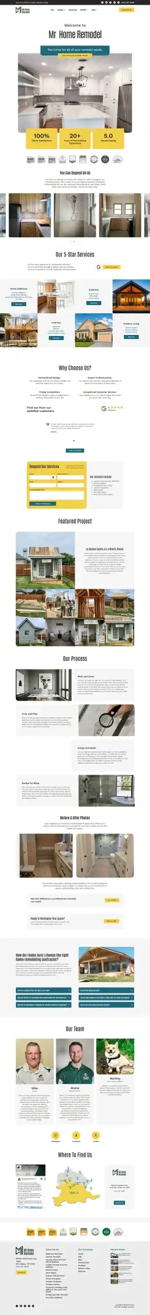 A website homepage featuring sections on home remodeling services, project photos, testimonials, team member profiles, FAQs, contact info, and navigation menus with a yellow, white, and blue color scheme. - Clio Websites | Top Canadian Web Design Company