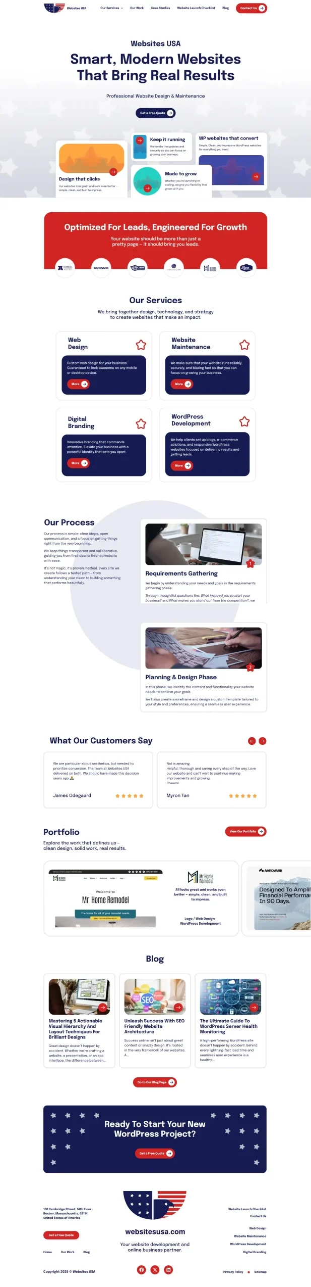 A website homepage for "Websites UMA" showing services in web design, landing pages, local SEO, and paid ads, process steps, customer reviews, portfolio samples, a blog section, and a call-to-action for a free consultation. - Clio Websites | Top Canadian Web Design Company