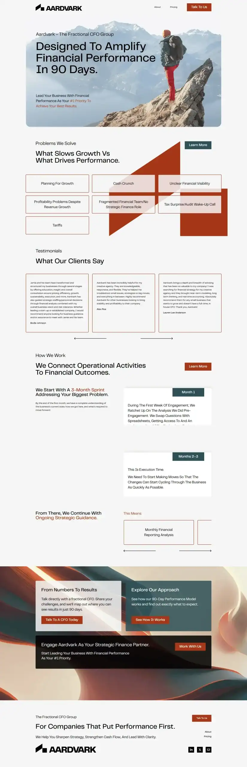 A business website homepage features a header with a person standing on a rocky peak, text about amplifying business performance, sections on problems solved, client testimonials, process steps, success stories, and contact information. - Clio Websites | Top Canadian Web Design Company