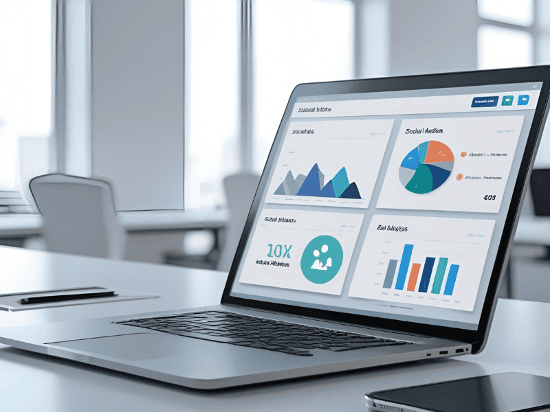 A laptop on a desk displays various business analytics charts and graphs, including a bar chart, pie chart, and line graph—ideal for tracking Calgary SEO performance in a bright modern office setting. - Clio Websites | Top Canadian Web Design Company