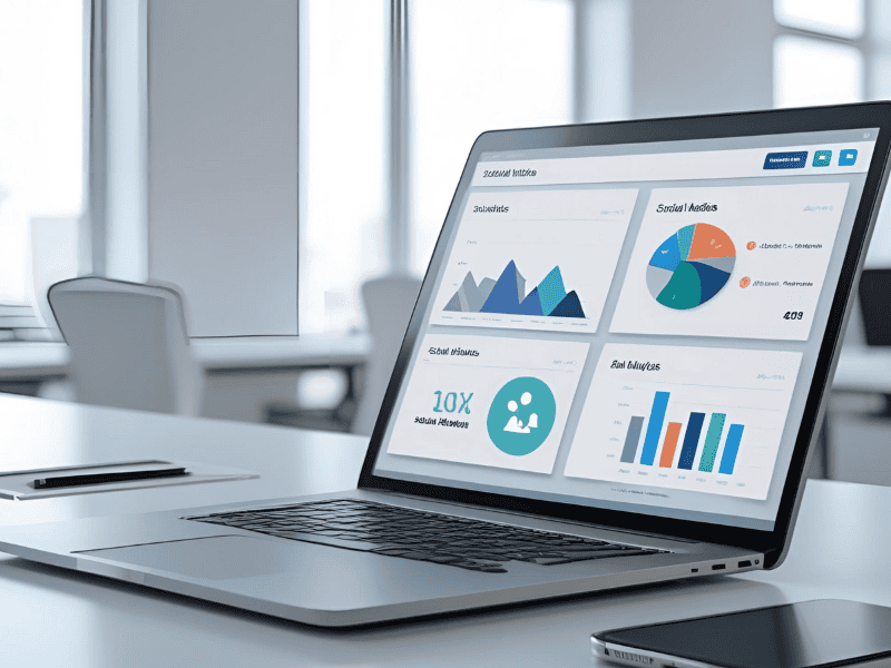 A laptop on a white desk displays graphs and charts—like a bar graph, pie chart, and business statistics—perfect for an SEO expert analyzing the best SEO strategies in a modern office with chairs and large windows. - Clio Websites | Top Canadian Web Design Company