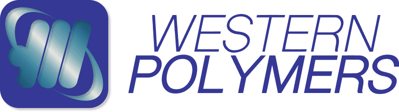 Logo for Western Polymers featuring a stylized blue and white icon on the left and the words "WESTERN POLYMERS" in bold, blue capital letters on the right, ideal for manufacturing web design branding. - Clio Websites | Top Canadian Web Design Company