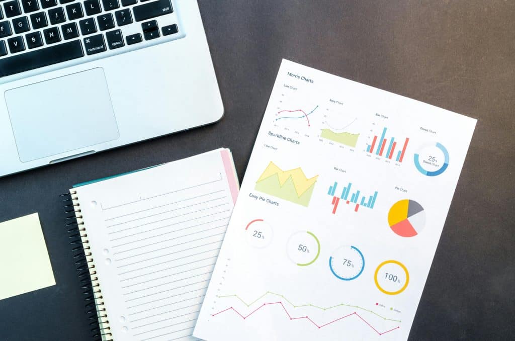 A laptop, a blank lined notebook, a sticky note, and a printed page with various colorful graphs and charts—tools for unlocking powerful SEO strategies for small businesses—are arranged on a dark desk. - Clio Websites | Top Canadian Web Design Company