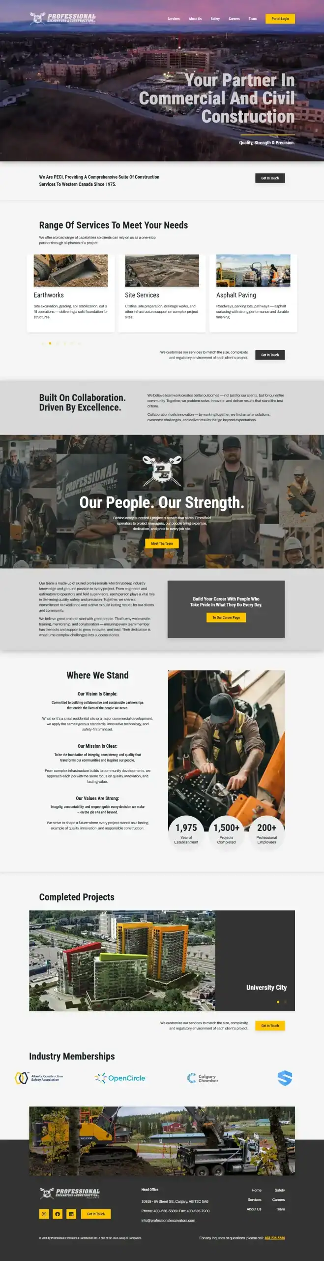 Screenshot of a construction company’s website homepage, featuring images of construction sites, workers, service offerings, statistics, completed projects, industry memberships, and contact information. - Clio Websites | Top Canadian Web Design Company