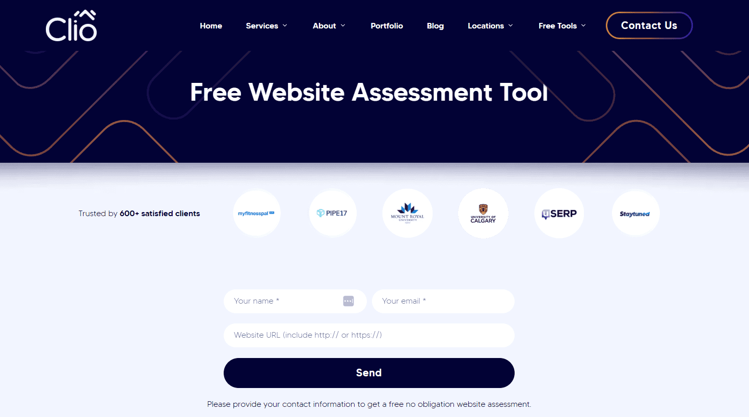 Screenshot of Clio’s Free Website Assessment Tool page, highlighting trusted partner logos above a form with input fields for name, email, and website URL. Discover how Clio’s free tools can assess your website with a simple "Send" button. - Clio Websites | Top Canadian Web Design Company