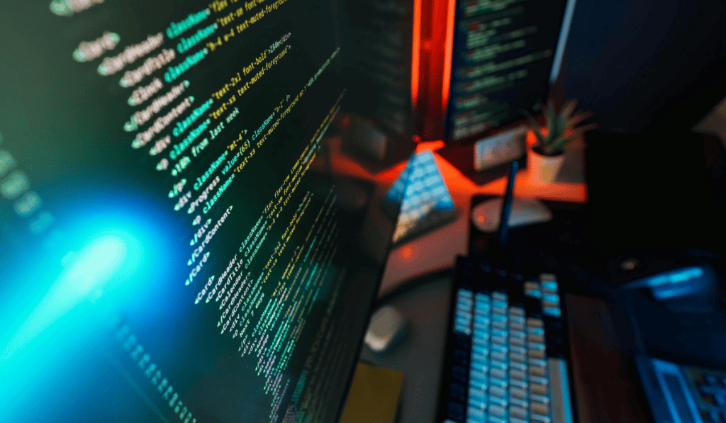 A computer monitor displays colorful lines of code in a dark room, illuminated by blue and red lights. A keyboard, mouse, and small potted plant are visible on the desk—a workspace perfect for exploring managed website services. - Clio Websites | Top Canadian Web Design Company
