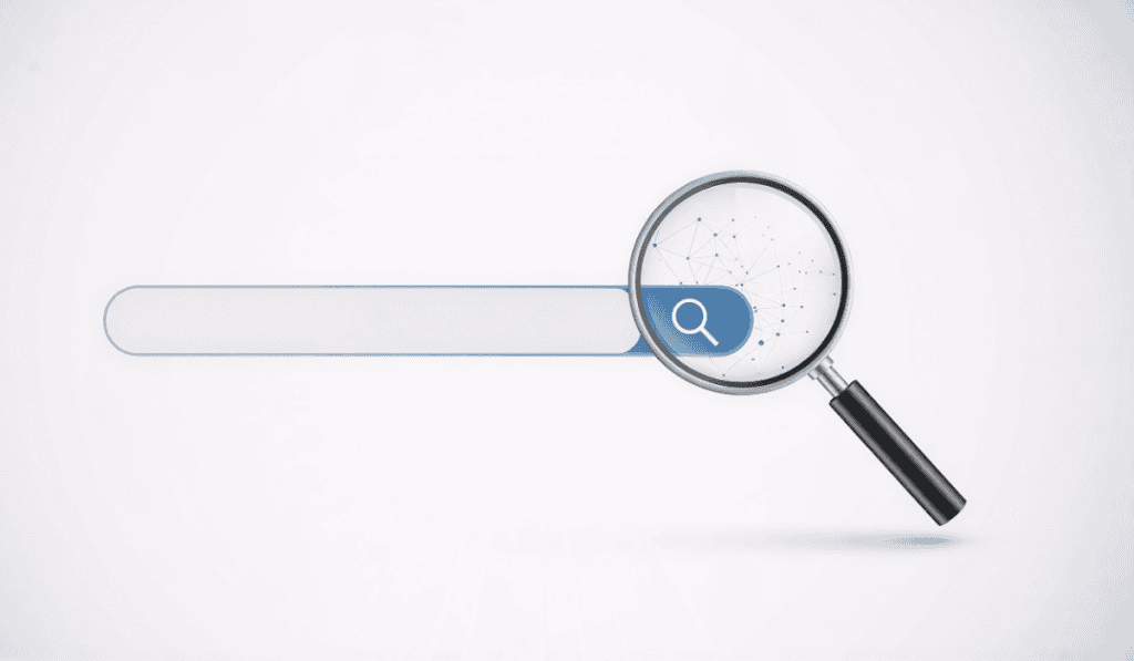 A blank search bar with a magnifying glass hovering over the search icon, featuring a network of connected dots inside the lens, symbolizing website search and data connectivity. - Clio Websites | Top Canadian Web Design Company