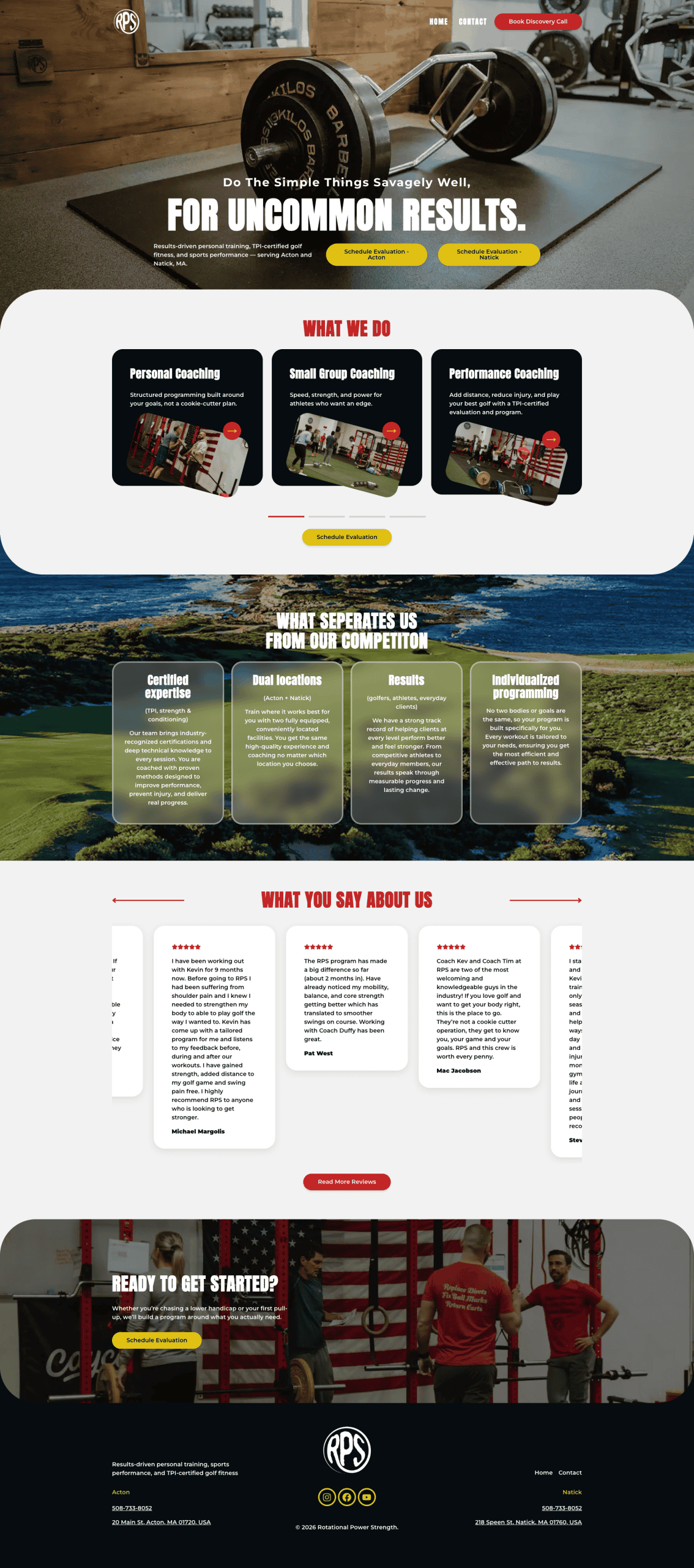 A gym website homepage featuring a barbell, coaching options, testimonials, and photos of people working out in a fitness center. The design is modern with bold headings and red, black, and white color accents. - Clio Websites | Top Canadian Web Design Company