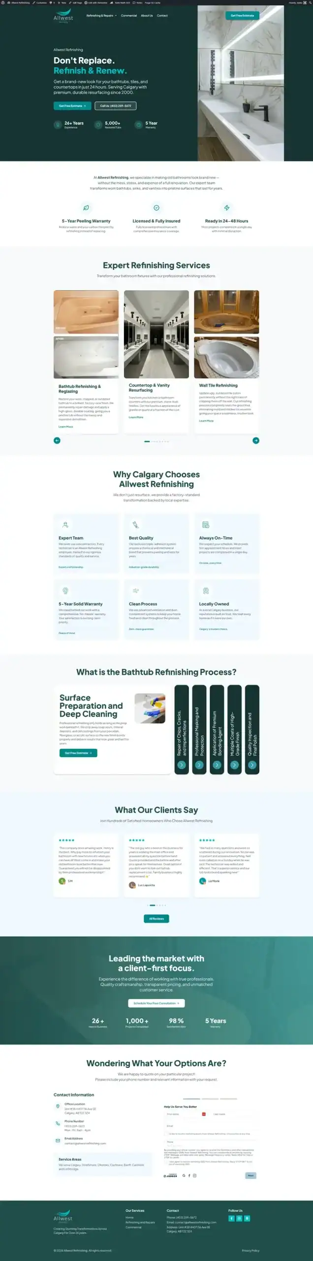 Screenshot of a website offering bathtub refinishing services, featuring service details, client reviews, process steps, benefits, statistics, FAQs, and contact information, with images of bathtubs and bathrooms throughout. - Clio Websites | Top Canadian Web Design Company