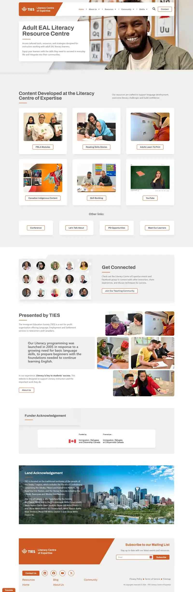 Screenshot of the Adult EAL Literacy Resource Centre website showing a header, navigation menu, images of diverse learners and educators, resource links, staff photos, news, funders, and a city skyline at the bottom. - Clio Websites | Top Canadian Web Design Company