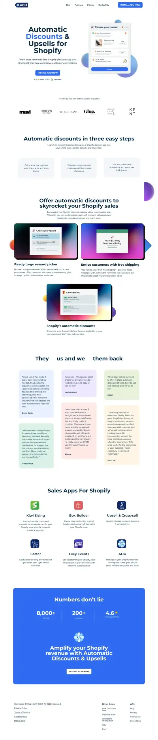 Screenshot of a website for an automatic discount app for Shopify, showing features, pricing, user reviews, app integrations, and a call-to-action to try the app; uses blue, white, and colorful gradient design elements. - Clio Websites | Top Canadian Web Design Company