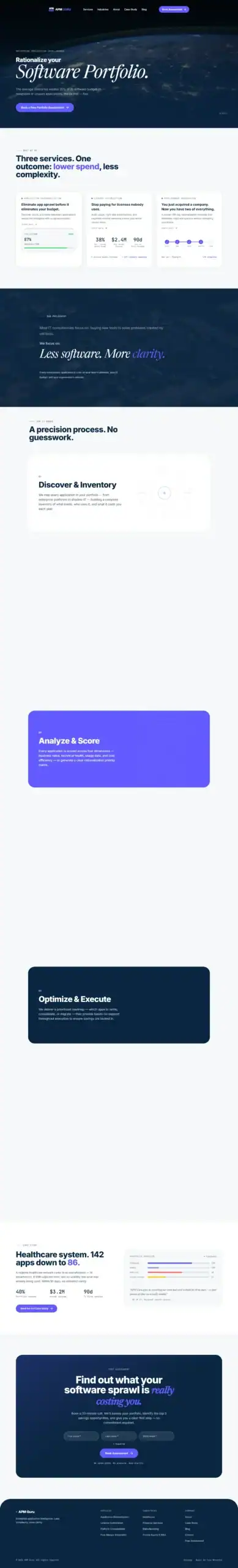 A webpage displays a software portfolio process with steps, service options, pricing cards, and call-to-action buttons. The design uses blue, white, and purple highlights with modern, minimalistic sections and navigation menu. - Clio Websites | Top Canadian Web Design Company