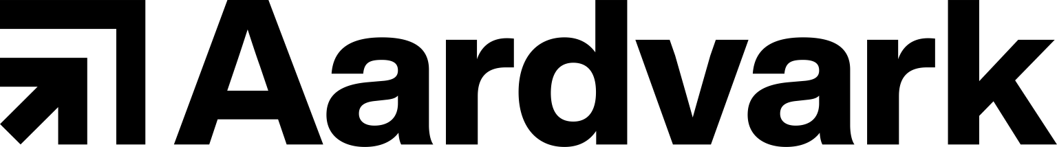 The image shows the word “Aardvark” in bold black letters, with a geometric arrow-like symbol to the left of the text, all on a light background—an aesthetic that could seamlessly complement modern financial services web design. - Clio Websites | Top Canadian Web Design Company