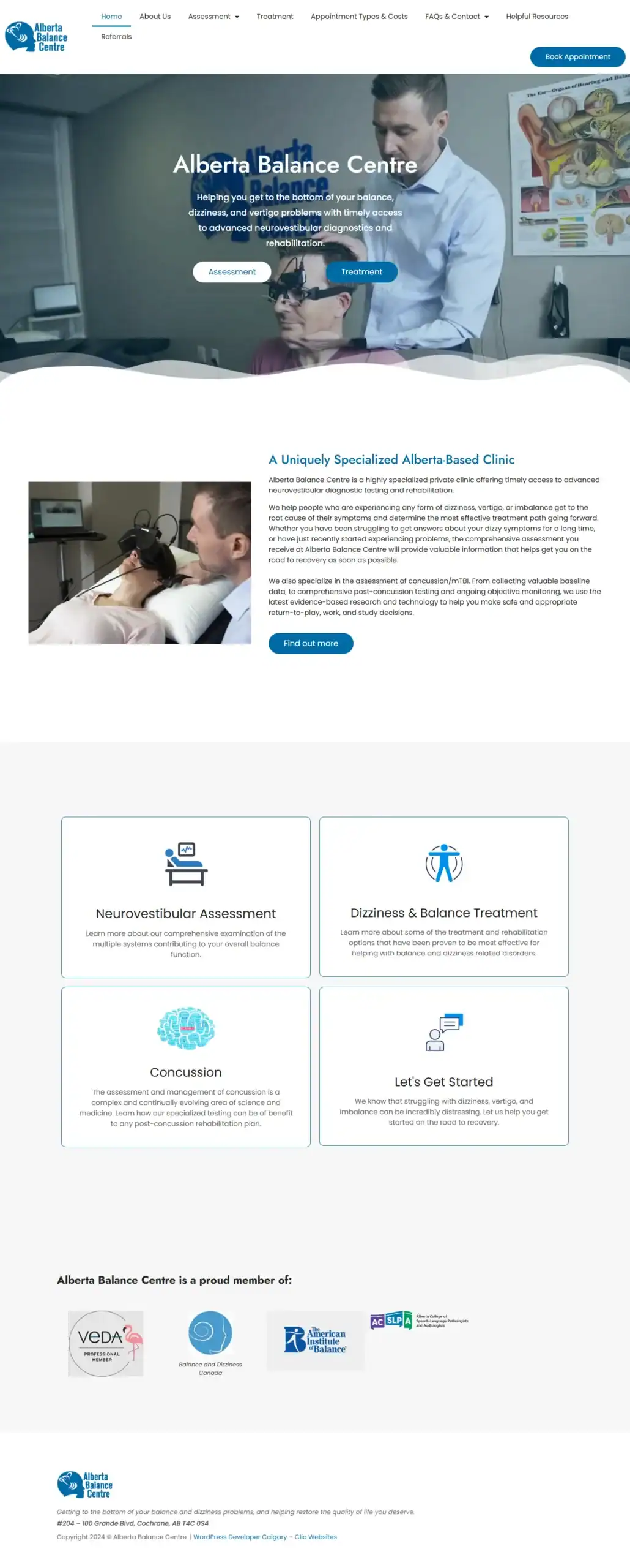 A doctor examines a woman’s head in a clinic. Below, the website describes Alberta Balance Centre’s services, including neurovestibular assessment, vestibular rehabilitation, dizziness treatment, concussion care, and how to get started. - Clio Websites | Top Canadian Web Design Company