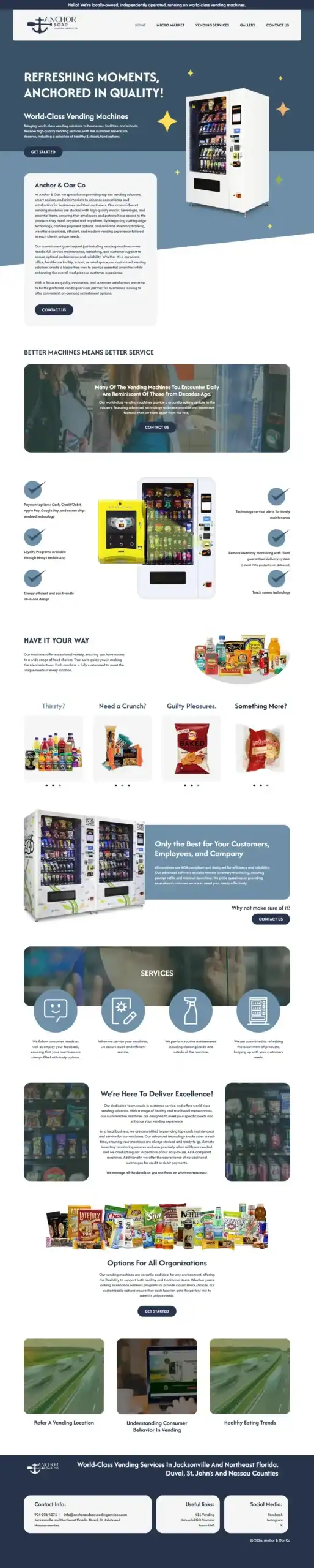 Screenshot of the Anchor and Oar vending machine company website featuring vending machine images, detailed Vending Services descriptions, customer benefits, product options, testimonials, and a contact section across a clean, modern layout. - Clio Websites | Top Canadian Web Design Company