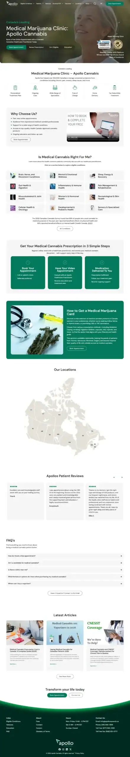 Screenshot of the Apollo Cannabis Clinics website showing sections for benefits, eligibility, steps to register, locations map, reviews, FAQs, articles, and contact information—all in a clean green and white layout. - Clio Websites | Top Canadian Web Design Company
