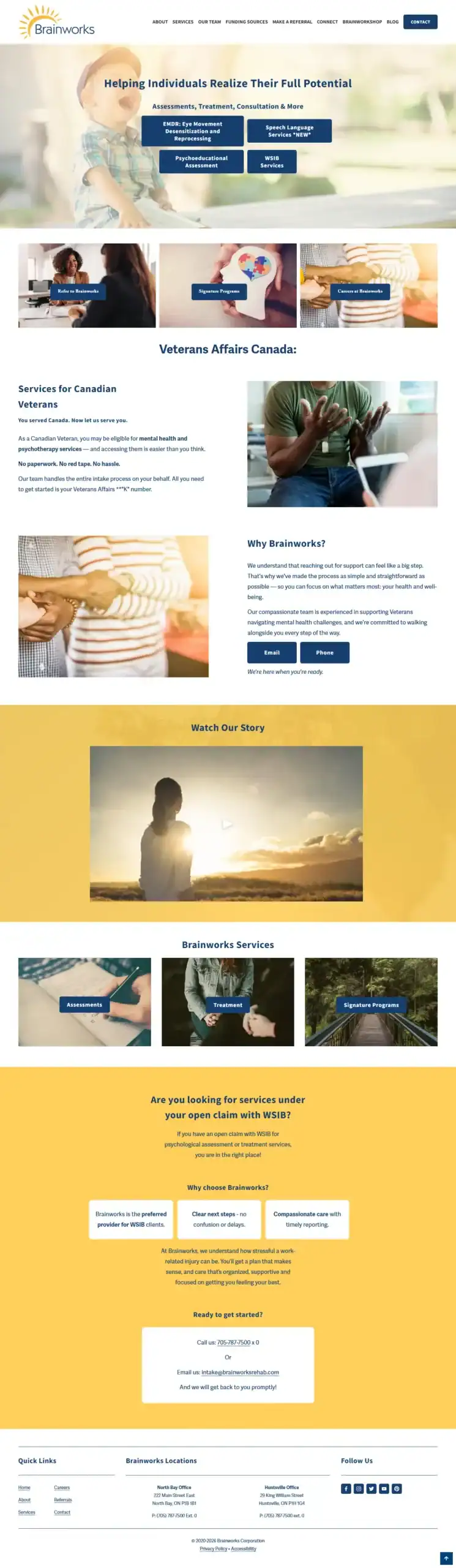 Screenshot of Brainworks’ homepage featuring sections on client centred rehabilitation services for Canadian veterans, testimonials, and service details, with images of people in therapy, nature scenes, and the Brainworks logo in a yellow and white color scheme. - Clio Websites | Top Canadian Web Design Company