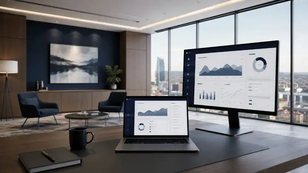 A modern office with large windows, a desk featuring a laptop and monitor displaying charts and graphs from a financial services web design project, and a lounge area with chairs and artwork in the background. - Clio Websites | Top Canadian Web Design Company