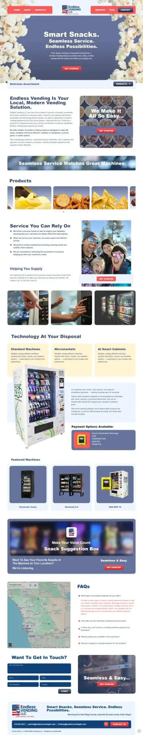 A website page for HealthyYOU Vending features vending machines, products, vending services info, FAQs, testimonials, maps, and images of snacks and people using vending machines. The theme is blue, white, and red, with snack and machine visuals capturing the energy of Endless Vending possibilities. - Clio Websites | Top Canadian Web Design Company