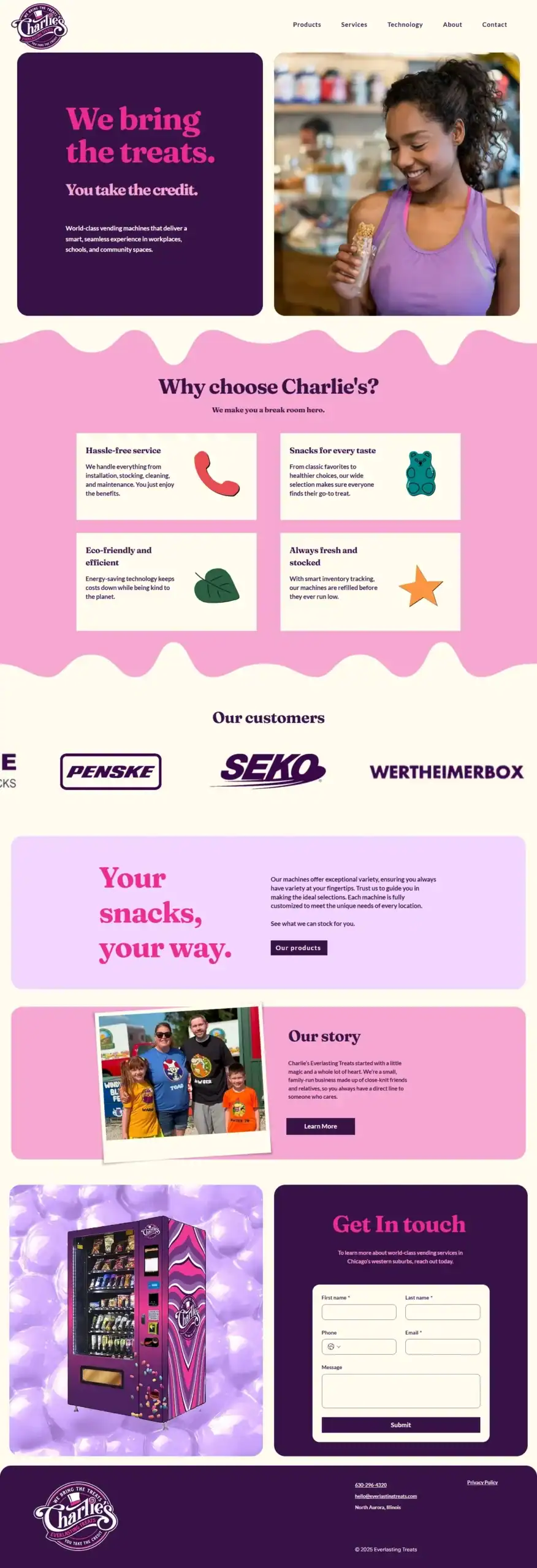 Screenshot of a snack service website featuring images of snacks, a vending machine, customer logos, and a contact form. The color scheme is pink and purple, with bold headings and images of happy people enjoying everlasting treats. - Clio Websites | Top Canadian Web Design Company