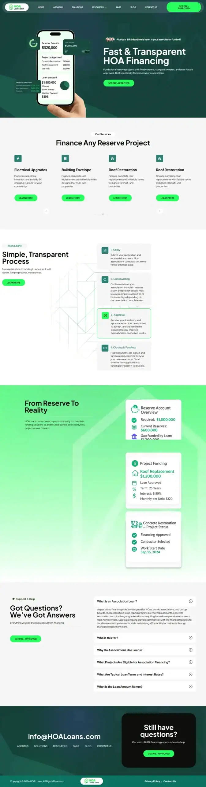 A website homepage for HOA Loans, offering fast and transparent HOA financing. It features finance options, project types, a phone app image, FAQs, and contact information in a green and white color scheme. - Clio Websites | Top Canadian Web Design Company