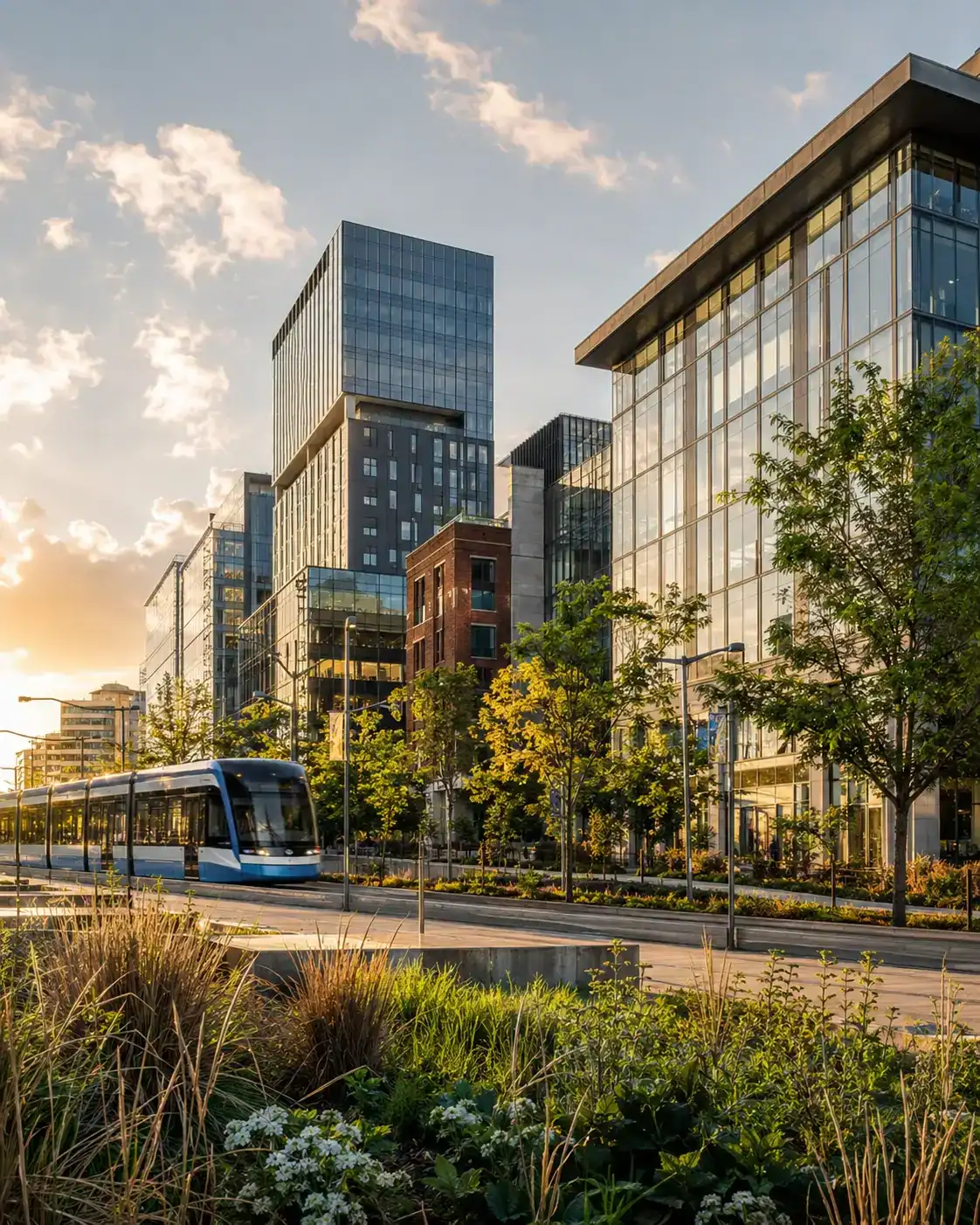 A modern city street at sunset with tall glass buildings, green trees, a tram on the road, and landscaped plants in the foreground—an urban landscape that could inspire any Kitchener web design company with its blend of natural beauty and innovative architecture. - Clio Websites | Top Canadian Web Design Company